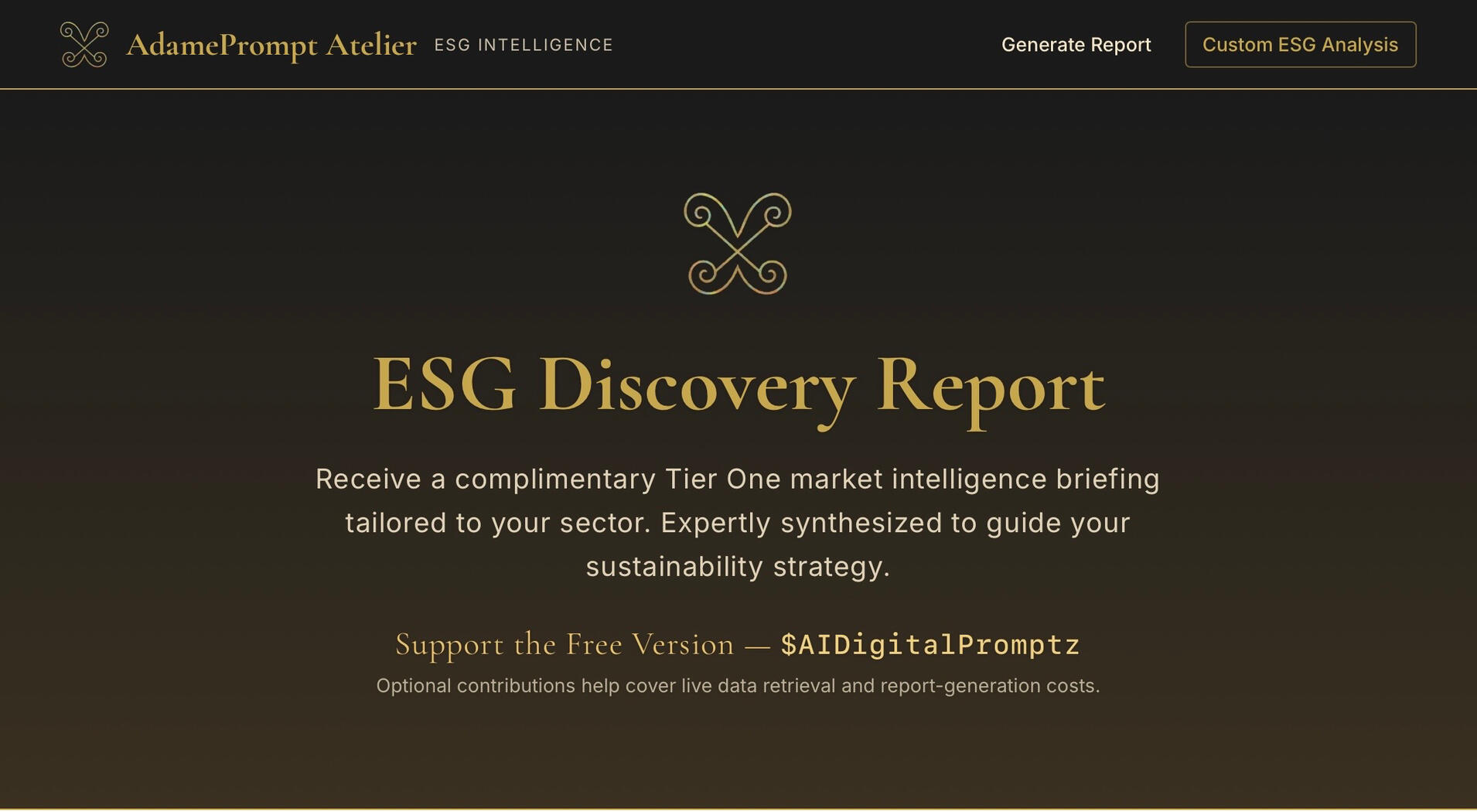 AdamePrompt Atelier ESG Discovery Intelligence free report tool for identifying sustainability, operational, risk, and market signals.